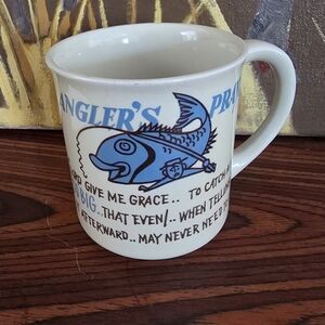 Vintage tan And Blue Pottery Mug/1970s Anglers Prayer Mug